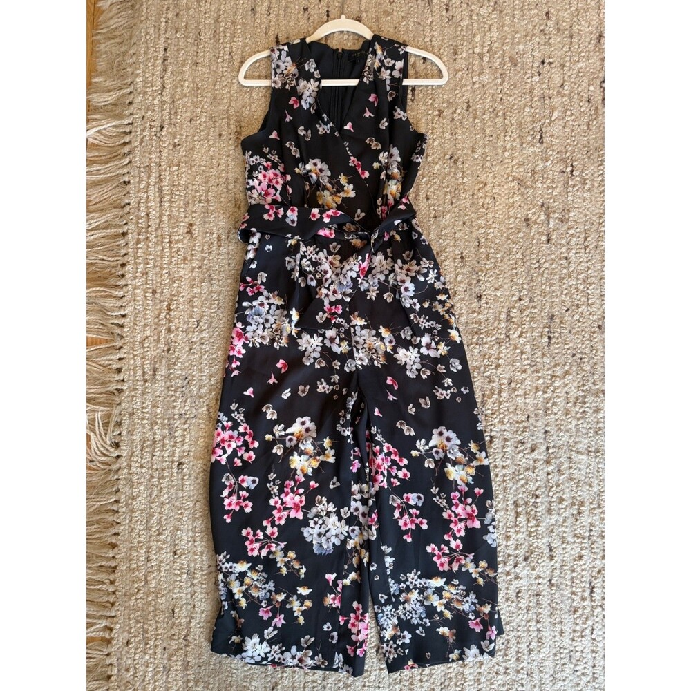 Ted Baker London Floral Jumpsuit Size 2 Black Wide Leg Belted V-Neck